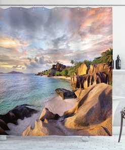 Sandy Beach Sunset Shower Curtain with Palm Leaves for Coastal Bathroom Decor
