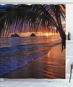 Sandy Beach Tropic Palm Leaves Waves Pacific Sunrise Shower Curtain - Coastal Bathroom Decor
