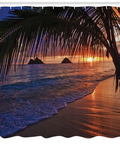 Sandy Beach Tropic Palm Leaves Waves Pacific Sunrise Shower Curtain - Coastal Bathroom Decor