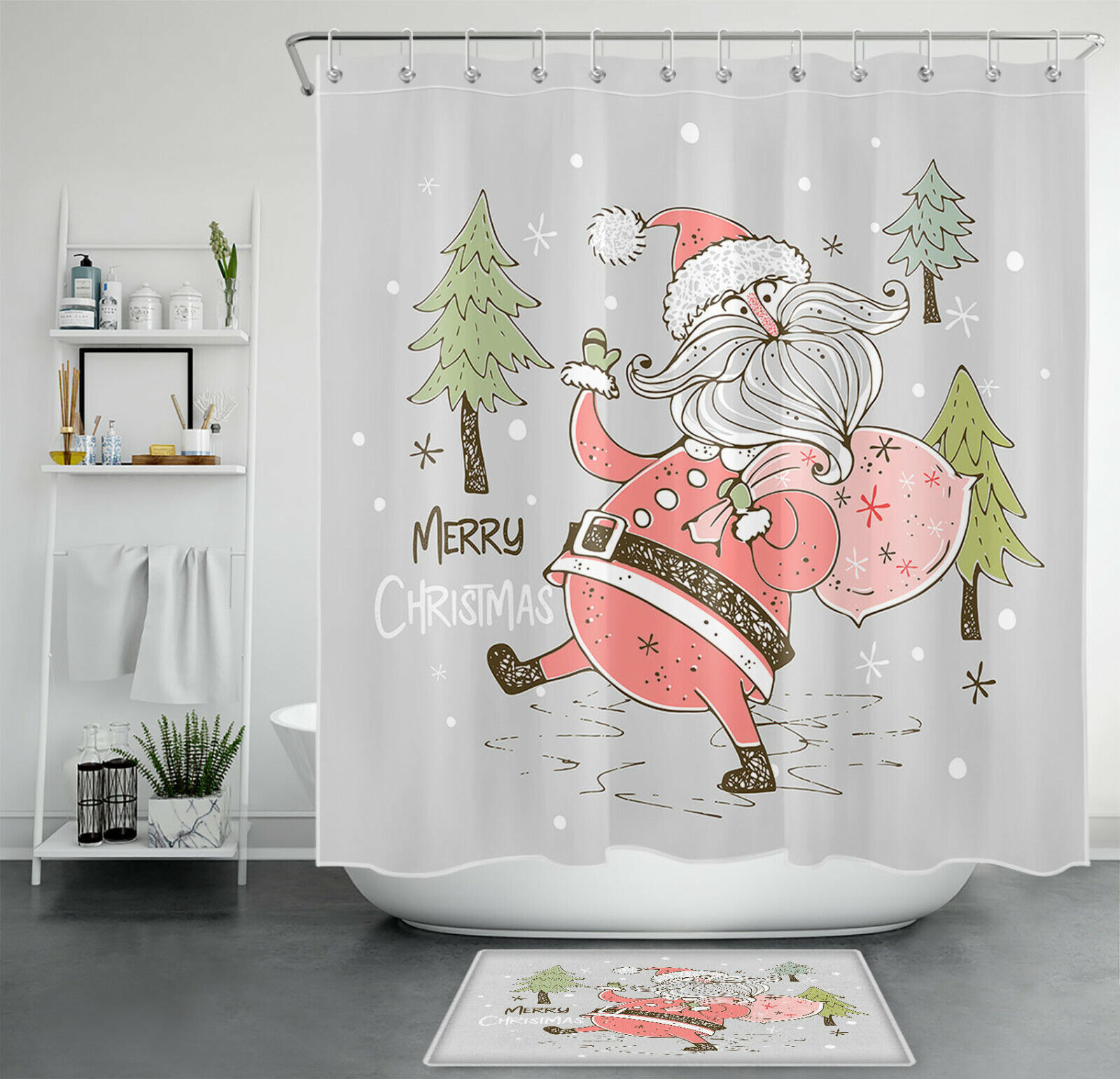 Santa Claus Christmas Tree Snowflake Funny Shower Curtain Bathroom Accessory