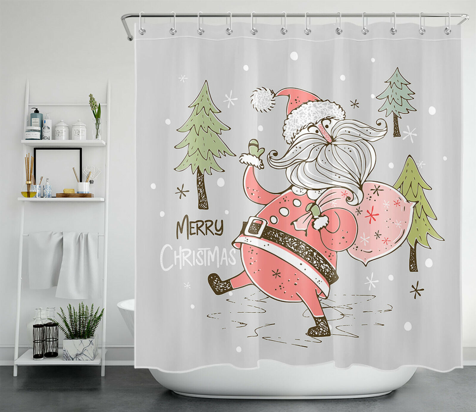 Santa Claus Christmas Tree Snowflake Funny Shower Curtain Bathroom Accessory