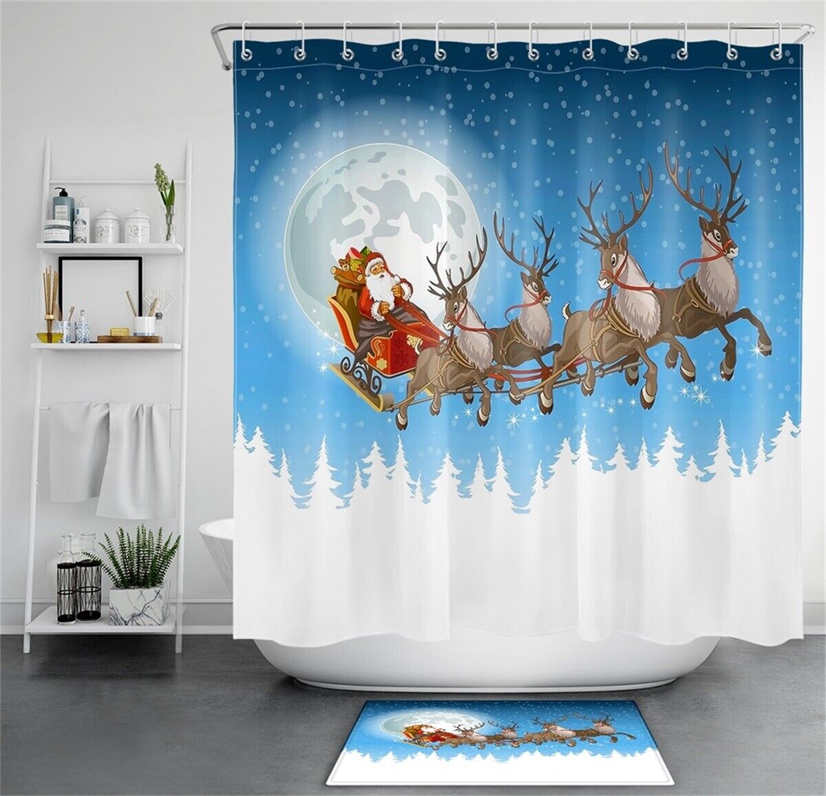 Santa Claus Elk Sleigh Christmas Shower Curtain for Festive Bathroom Decor
