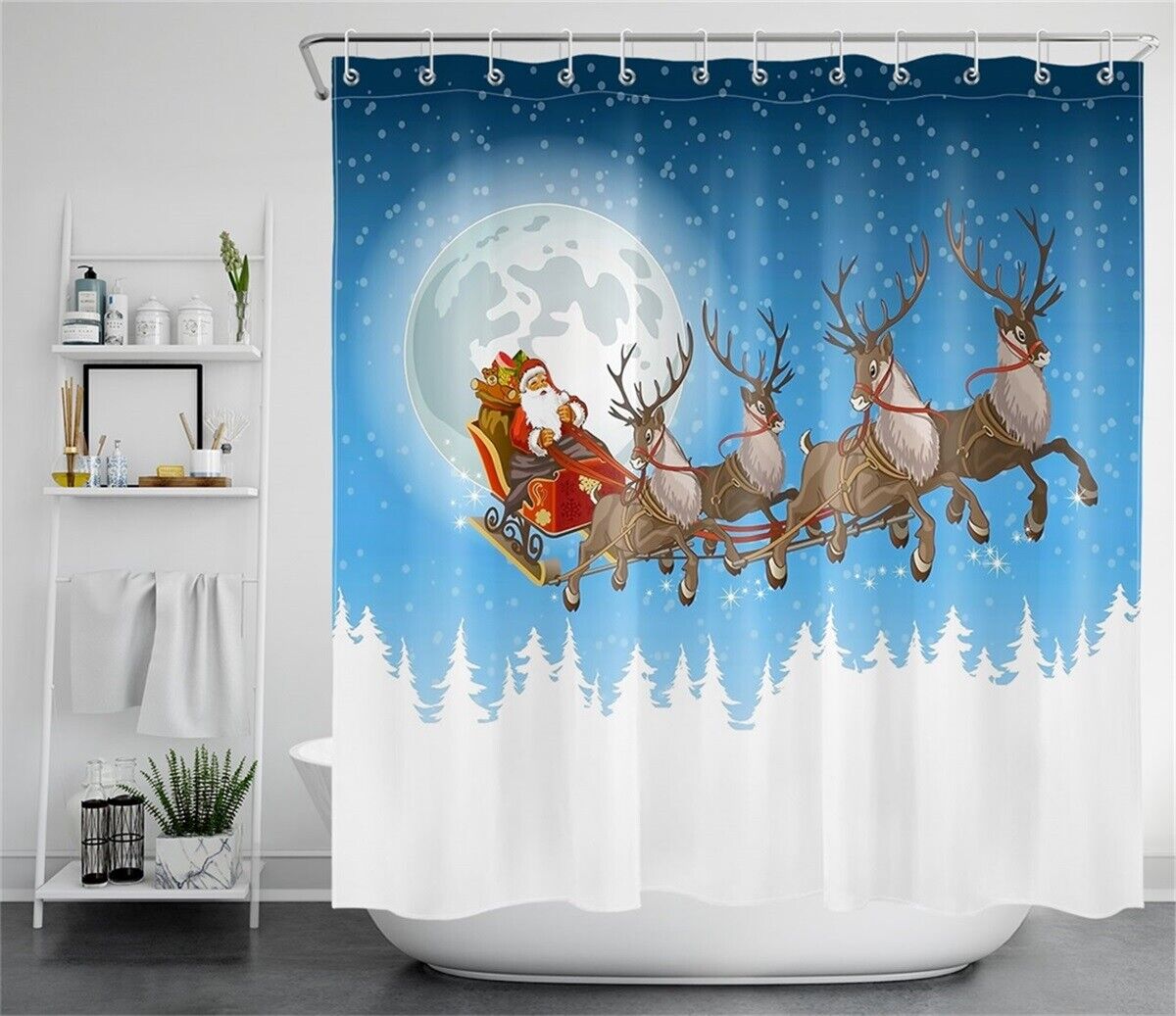 Santa Claus Elk Sleigh Christmas Shower Curtain for Festive Bathroom Decor