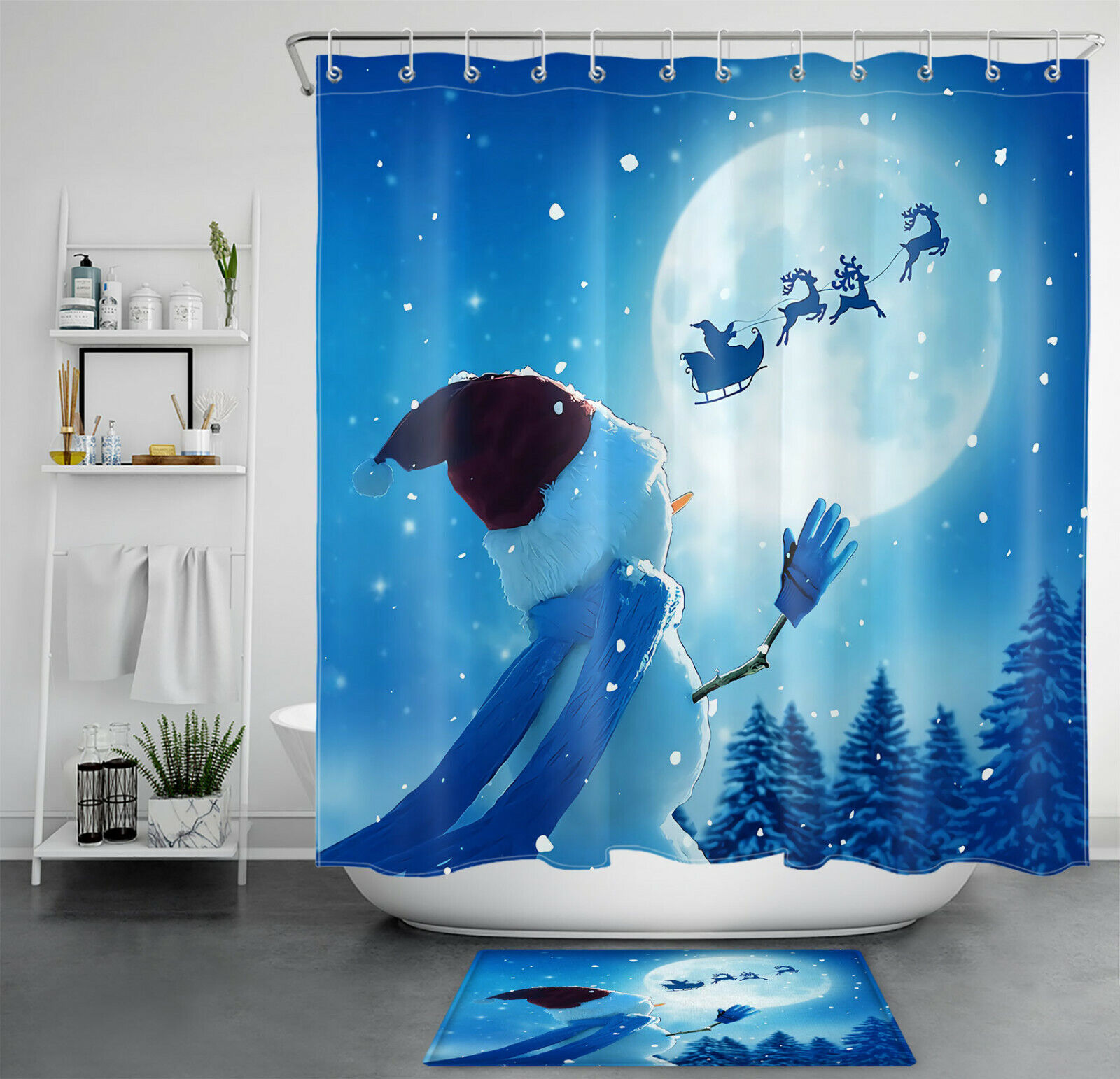 Santa Claus Elk Sleigh Shower Curtain with Snowman Bathroom Accessory- Add Some Holiday Cheer to Your Bathroom