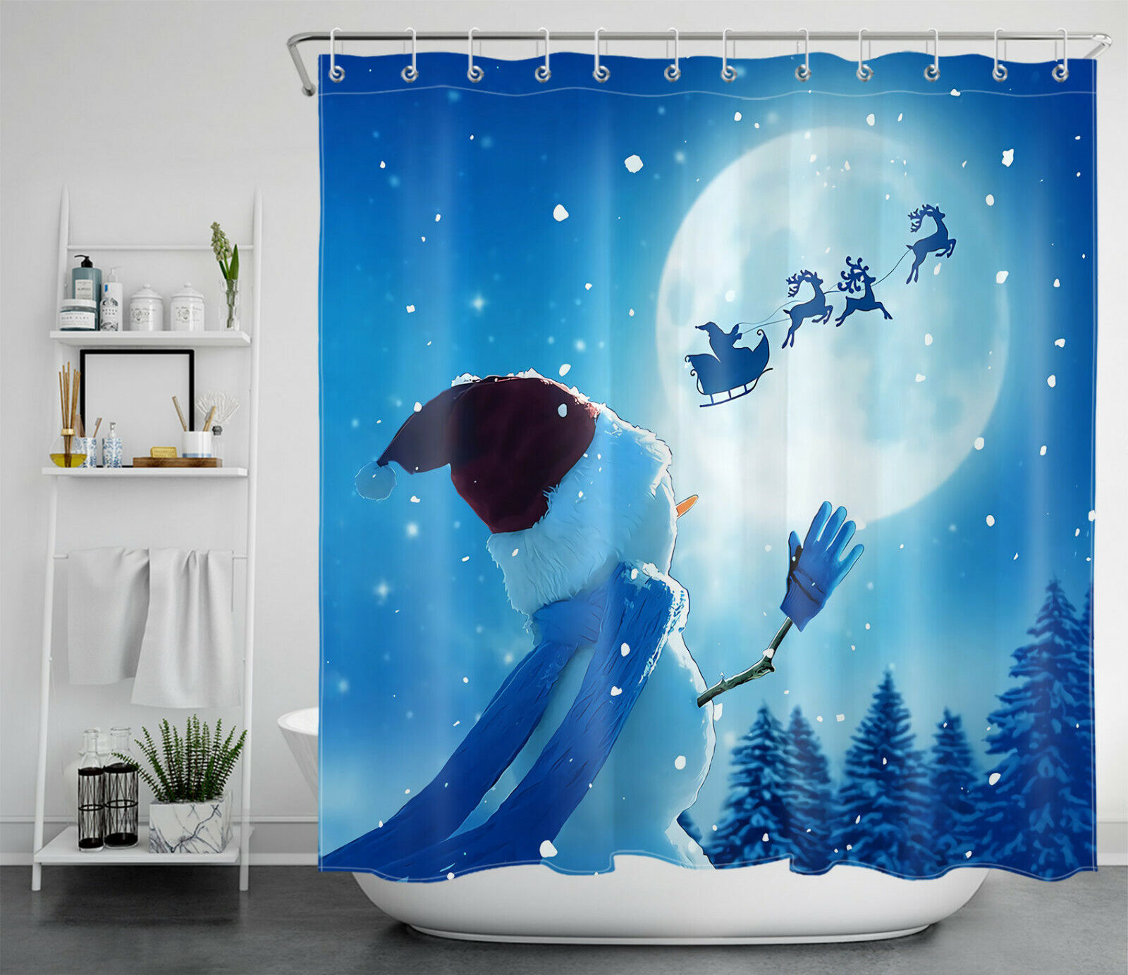 Santa Claus Elk Sleigh Shower Curtain with Snowman Bathroom Accessory- Add Some Holiday Cheer to Your Bathroom