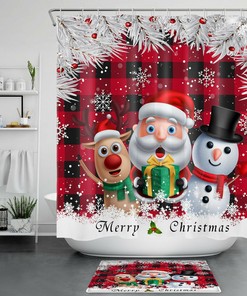 Santa Claus Elk Snowman Red Check Plaid Shower Curtain for a Festive Bathroom Look
