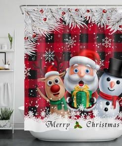 Santa Claus Elk Snowman Red Check Plaid Shower Curtain for a Festive Bathroom Look