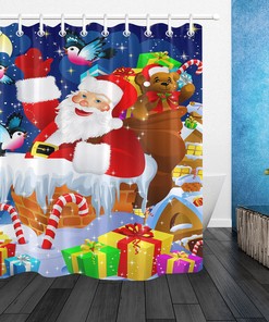 Santa Claus, Gifts, Bear Toys, And Chimney Print Shower Curtain For Festive Bathroom Decor