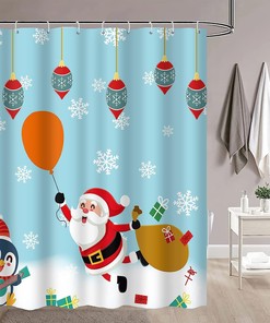 Santa Claus Penguin Balloon Christmas Shower Curtain - Festive Holiday Bathroom Decor