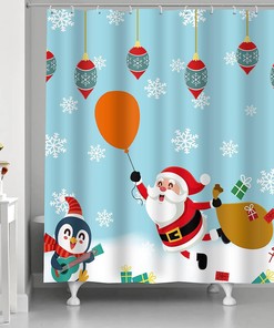 Santa Claus Penguin Balloon Christmas Shower Curtain - Festive Holiday Bathroom Decor
