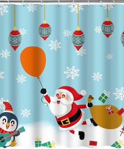 Santa Claus Penguin Balloon Christmas Shower Curtain - Festive Holiday Bathroom Decor