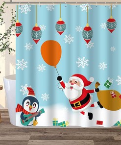 Santa Claus Penguin Balloon Christmas Shower Curtain - Festive Holiday Bathroom Decor