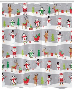 Santa Claus Penguin Snowman Elk Shower Curtain for Kids Bathroom with Christmas Elements 