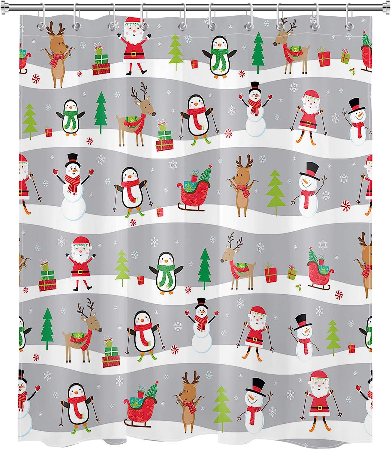 Santa Claus Penguin Snowman Elk Shower Curtain for Kids Bathroom with Christmas Elements