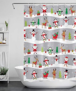 Santa Claus Penguin Snowman Elk Shower Curtain for Kids Bathroom with Christmas Elements