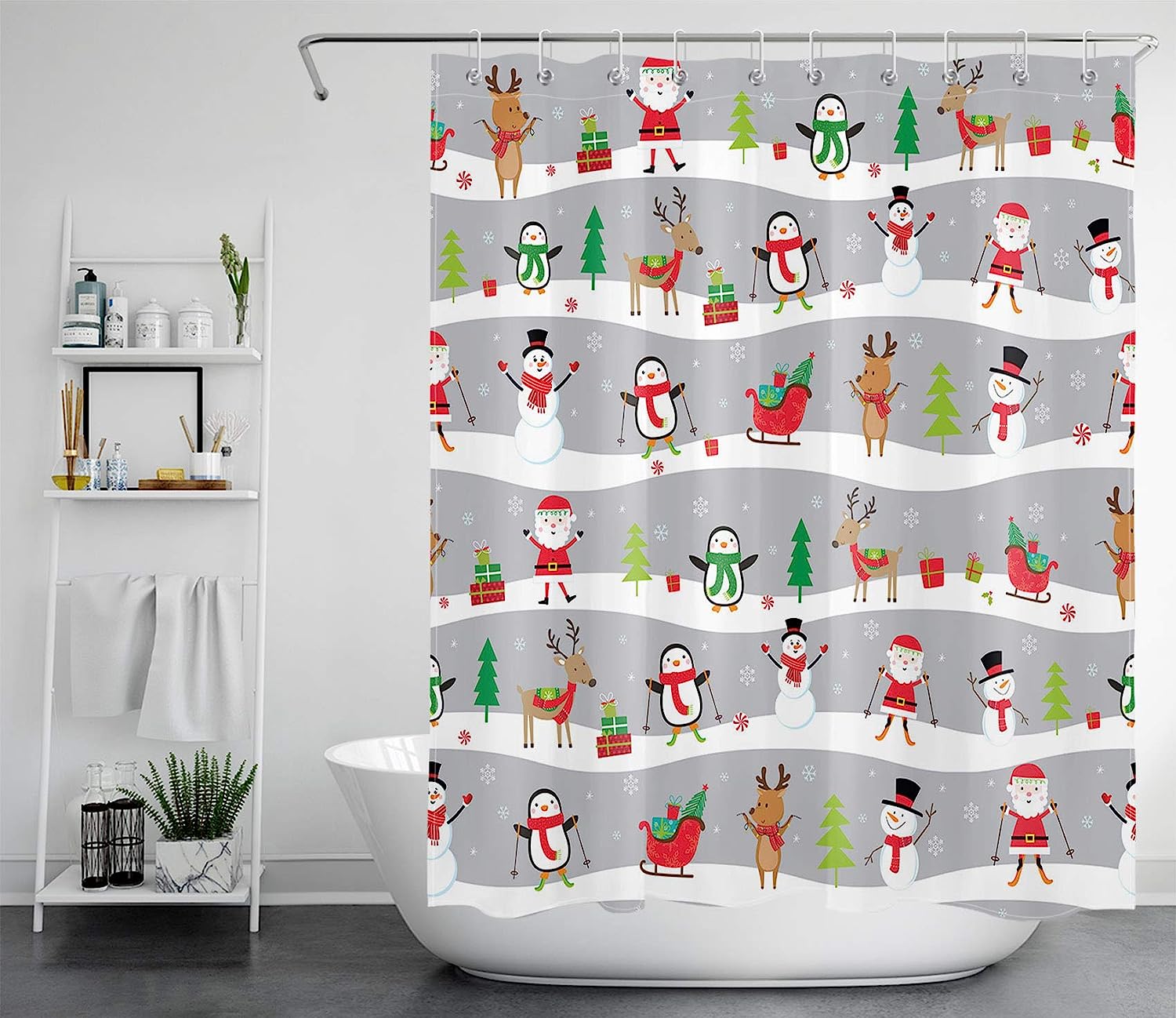 Santa Claus Penguin Snowman Elk Shower Curtain for Kids Bathroom with Christmas Elements