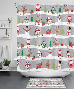 Santa Claus Penguin Snowman Elk Shower Curtain for Kids Bathroom with Christmas Elements