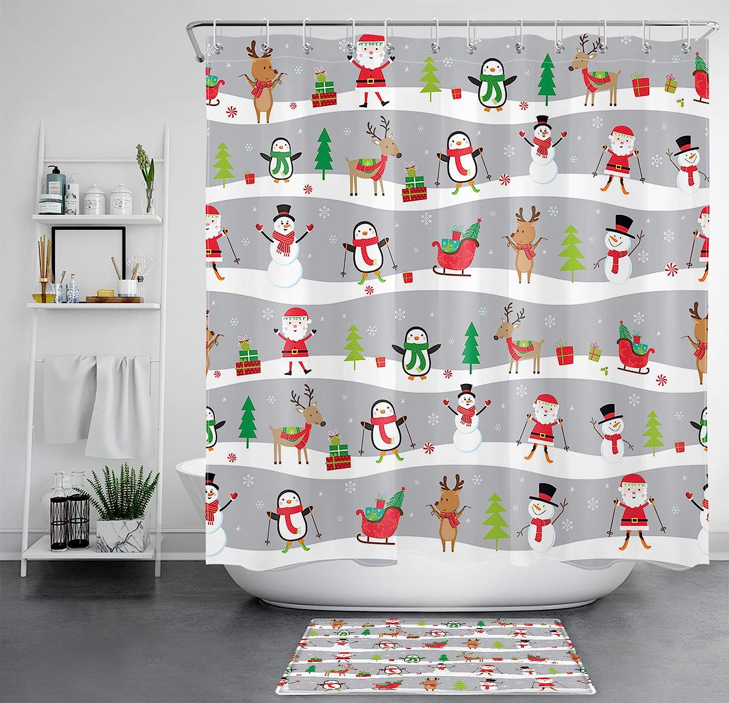 Santa Claus Penguin Snowman Elk Shower Curtain for Kids Bathroom with Christmas Elements