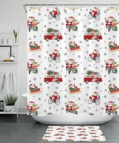 Santa Claus, Snowflake, And Truck Print Shower Curtain For Bathroom Accessories