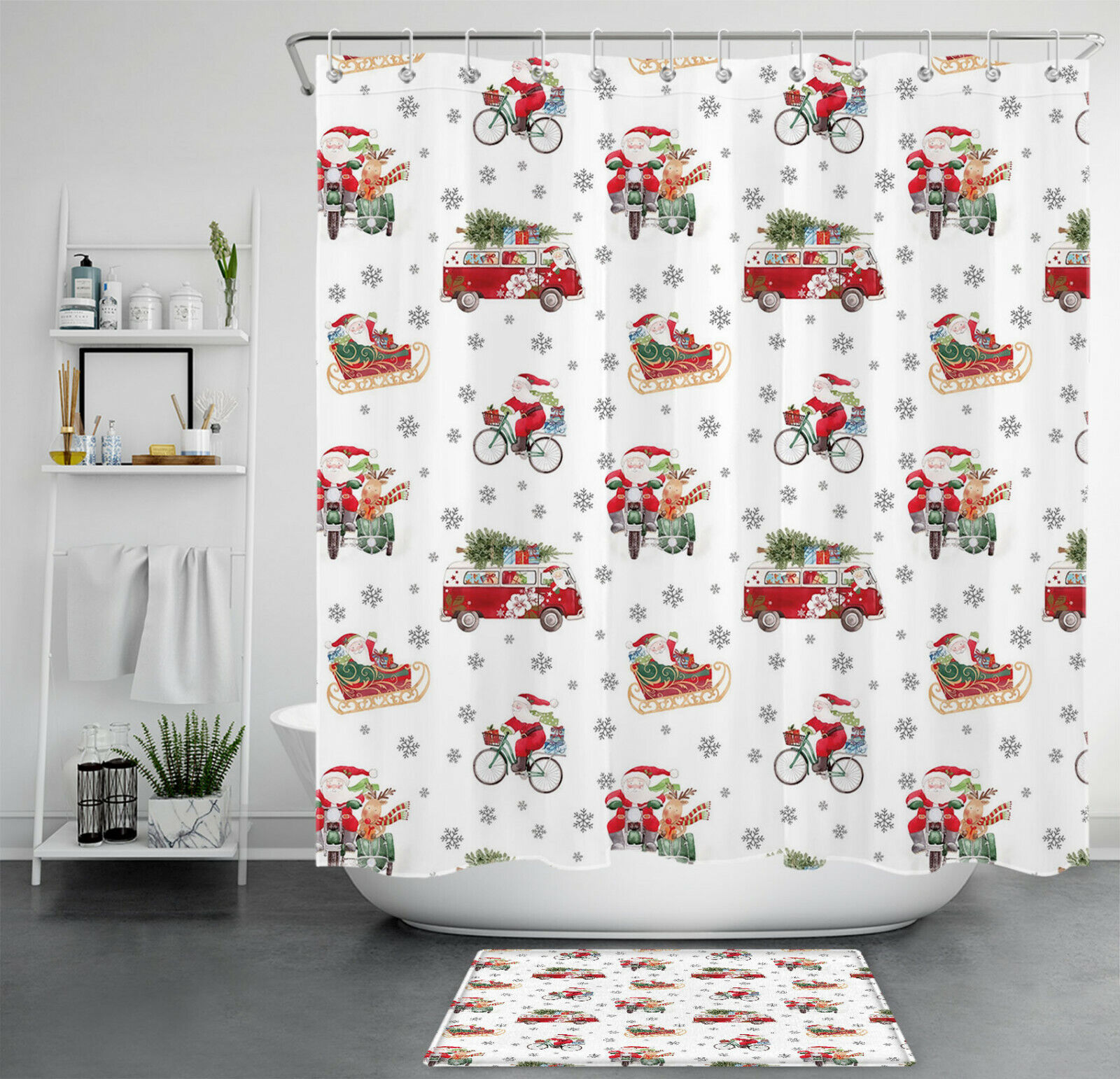 Santa Claus, Snowflake, And Truck Print Shower Curtain For Bathroom Accessories