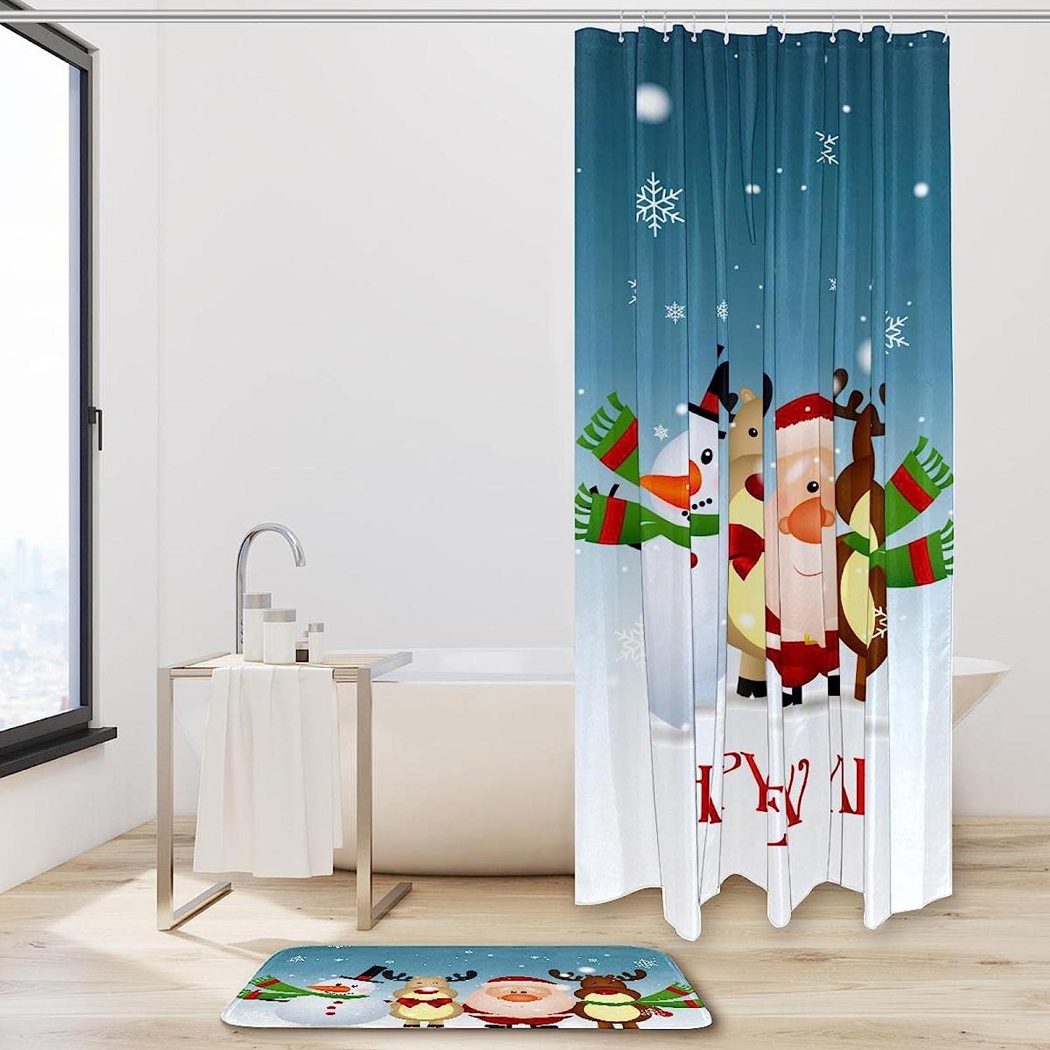 Santa Claus Snowman Deer Vintage Bathroom Shower Curtain - Perfect For Christmas Time - Image 2