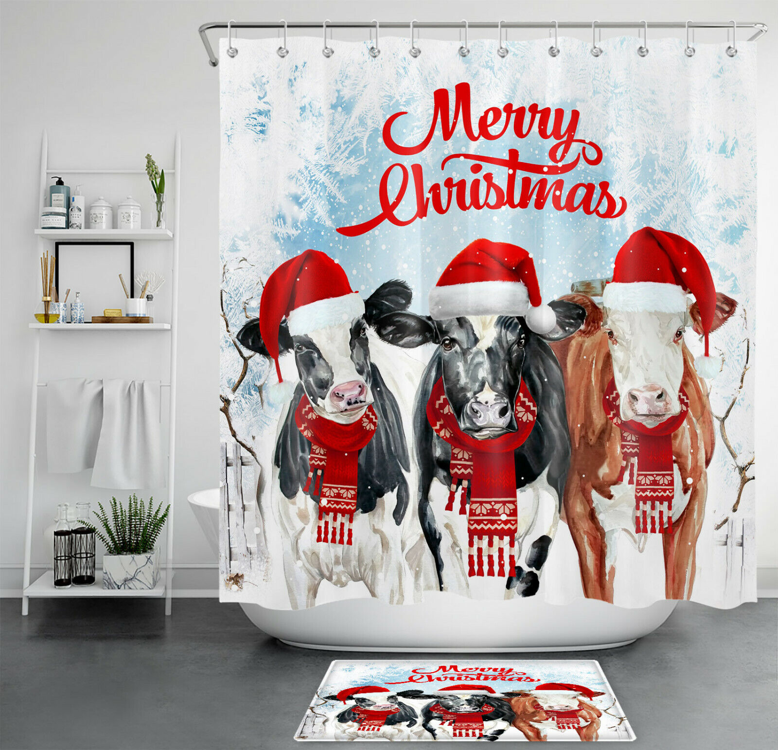 Santa Cow Snow Forest Shower Curtain For A Rustic Christmas Decor