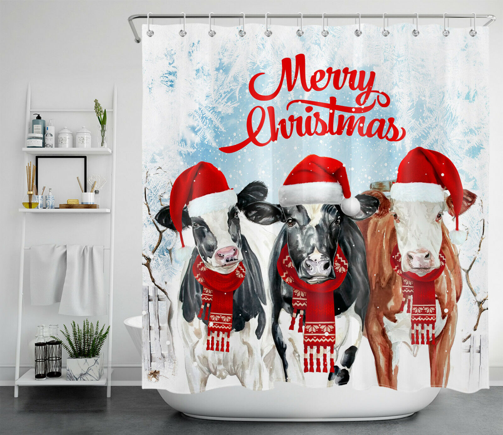 Santa Cow Snow Forest Shower Curtain For A Rustic Christmas Decor - Image 2
