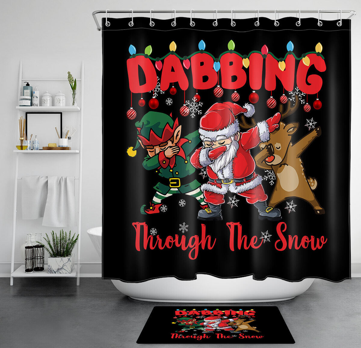 Santa Elk Elf Christmas Snowflake Funny Shower Curtain Bathroom Accessory