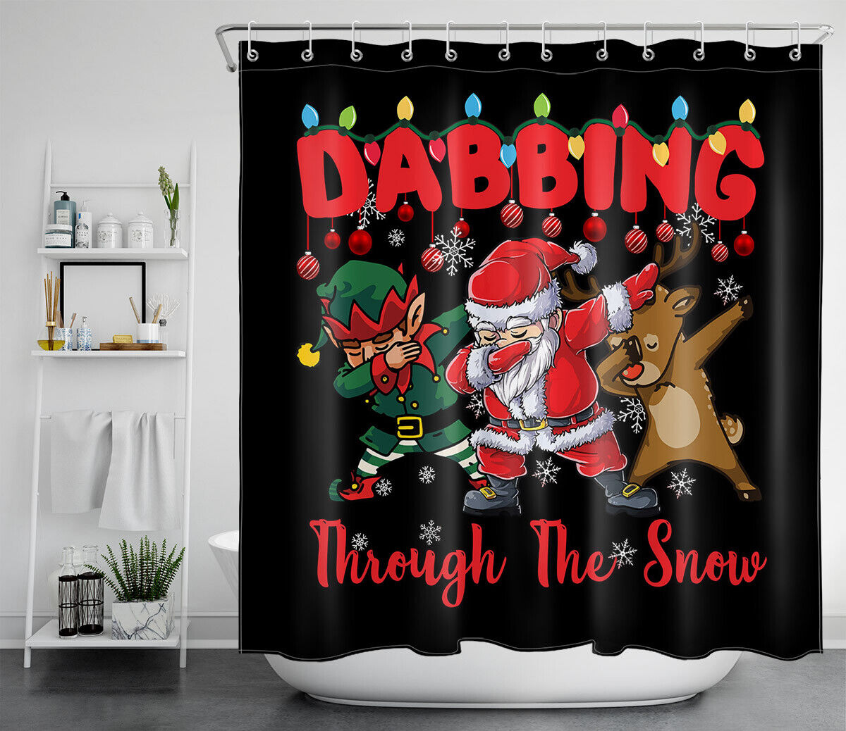Santa Elk Elf Christmas Snowflake Funny Shower Curtain Bathroom Accessory