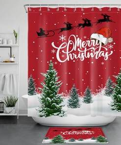 Santa Elk Sleigh Winter Fir Trees Christmas Shower Curtain - Rustic Bathroom Decor