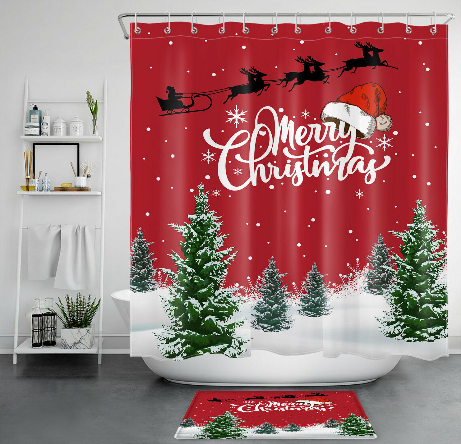 Santa Elk Sleigh Winter Fir Trees Christmas Shower Curtain - Rustic Bathroom Decor