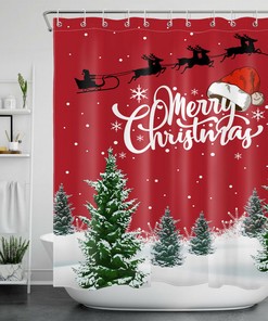 Santa Elk Sleigh Winter Fir Trees Christmas Shower Curtain - Rustic Bathroom Decor