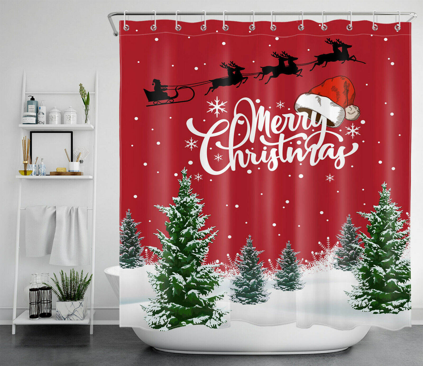 Santa Elk Sleigh Winter Fir Trees Christmas Shower Curtain - Rustic Bathroom Decor