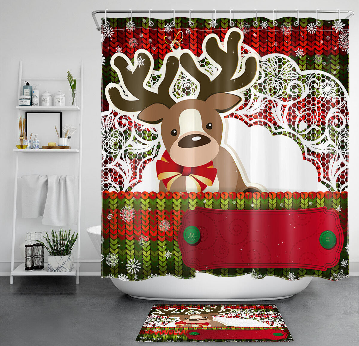 Santa Elk Xmas Snowflake Funny Shower Curtain For Bathroom Decor