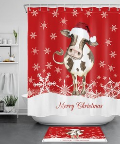 Santa Hat Cartoon Cow And Snowflakes Print Waterproof Fabric Shower Curtain For Holiday-Themed Bathroom Decor