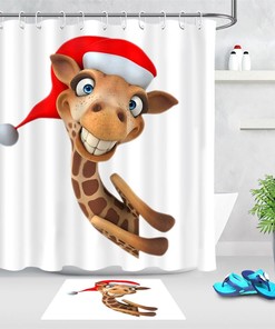 Santa Hat Cartoon Style Funny Giraffe Shower Curtain - Christmas Bathroom Decor
