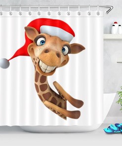 Santa Hat Cartoon Style Funny Giraffe Shower Curtain - Christmas Bathroom Decor