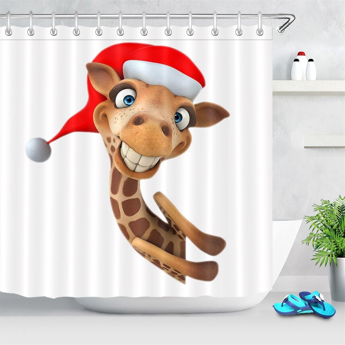 Santa Hat Cartoon Style Funny Giraffe Shower Curtain - Christmas Bathroom Decor