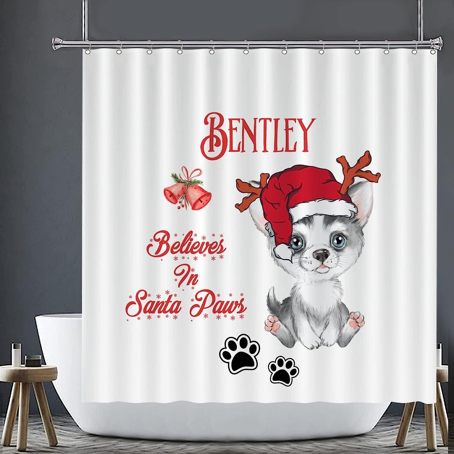 Santa Paws Country Shower Curtain, Dog And Reindeer Bathroom Decor, Believe In Santa Paws - Image 3