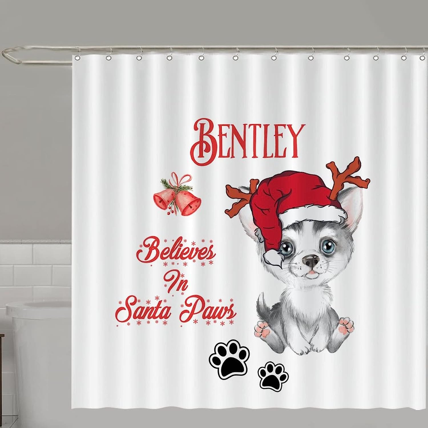 Santa Paws Country Shower Curtain, Dog And Reindeer Bathroom Decor, Believe In Santa Paws - Image 4
