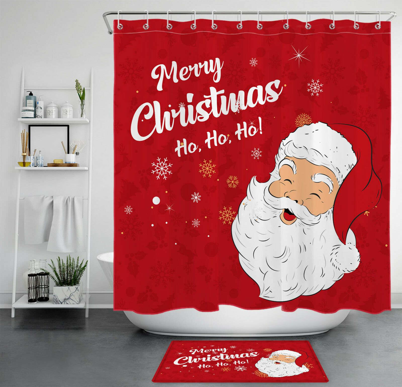 Santa Snowflakes Red Background Christmas Shower Curtain - Elegant Bathroom Decor
