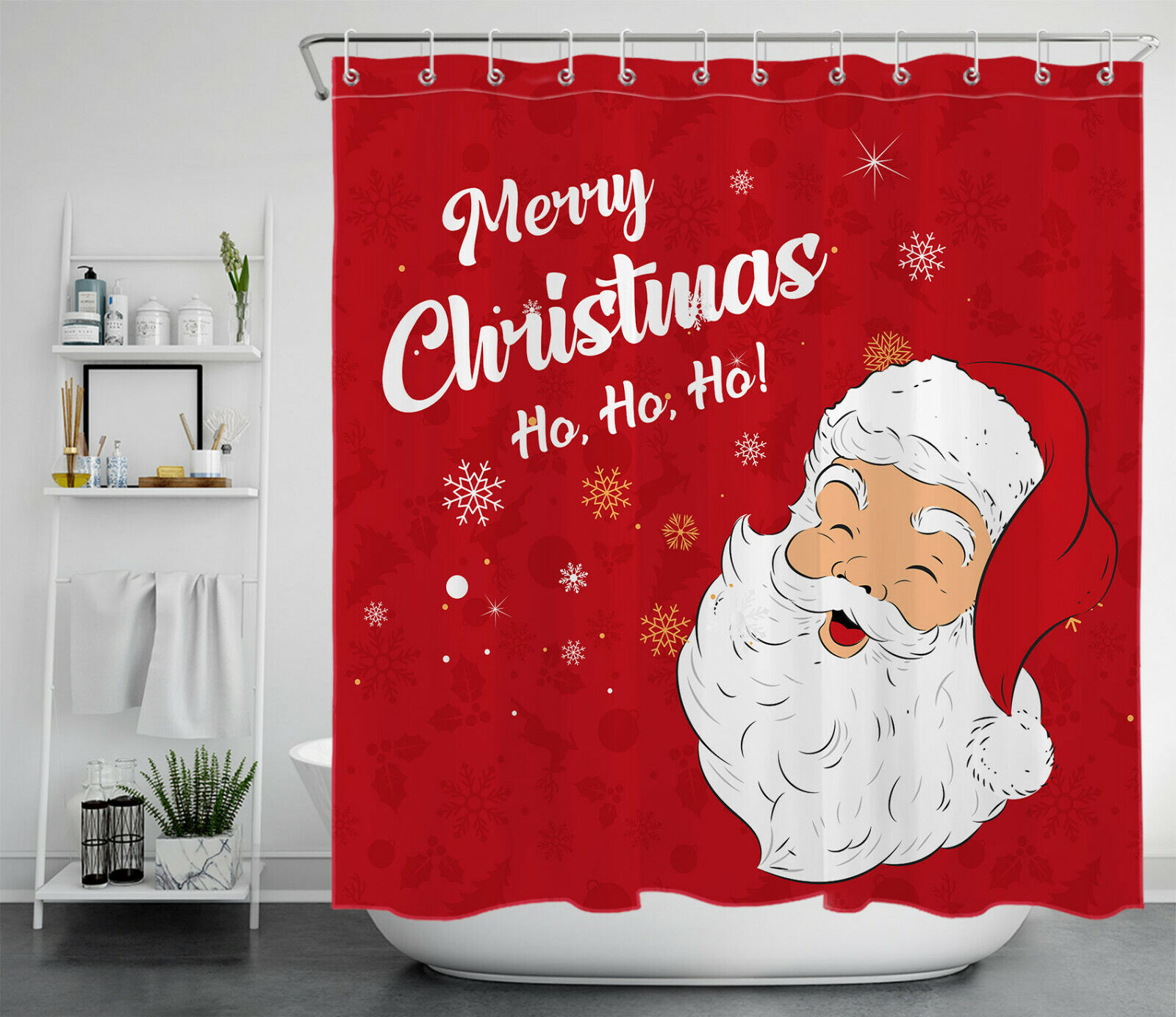 Santa Snowflakes Red Background Christmas Shower Curtain - Elegant Bathroom Decor