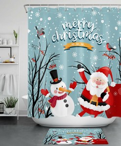 Santa Snowman Winter Holiday Shower Curtain For Bathroom