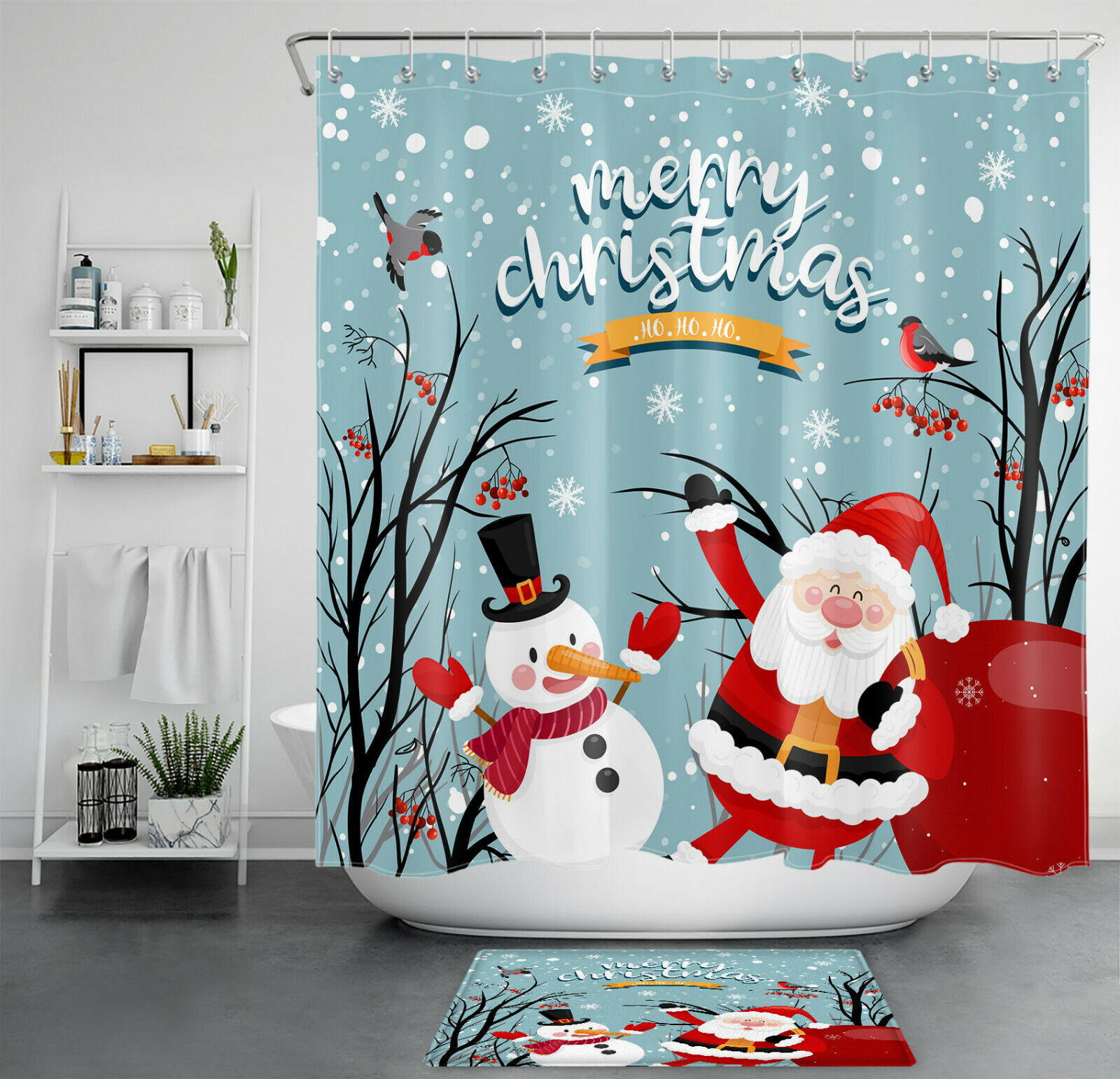 Santa Snowman Winter Holiday Shower Curtain For Bathroom