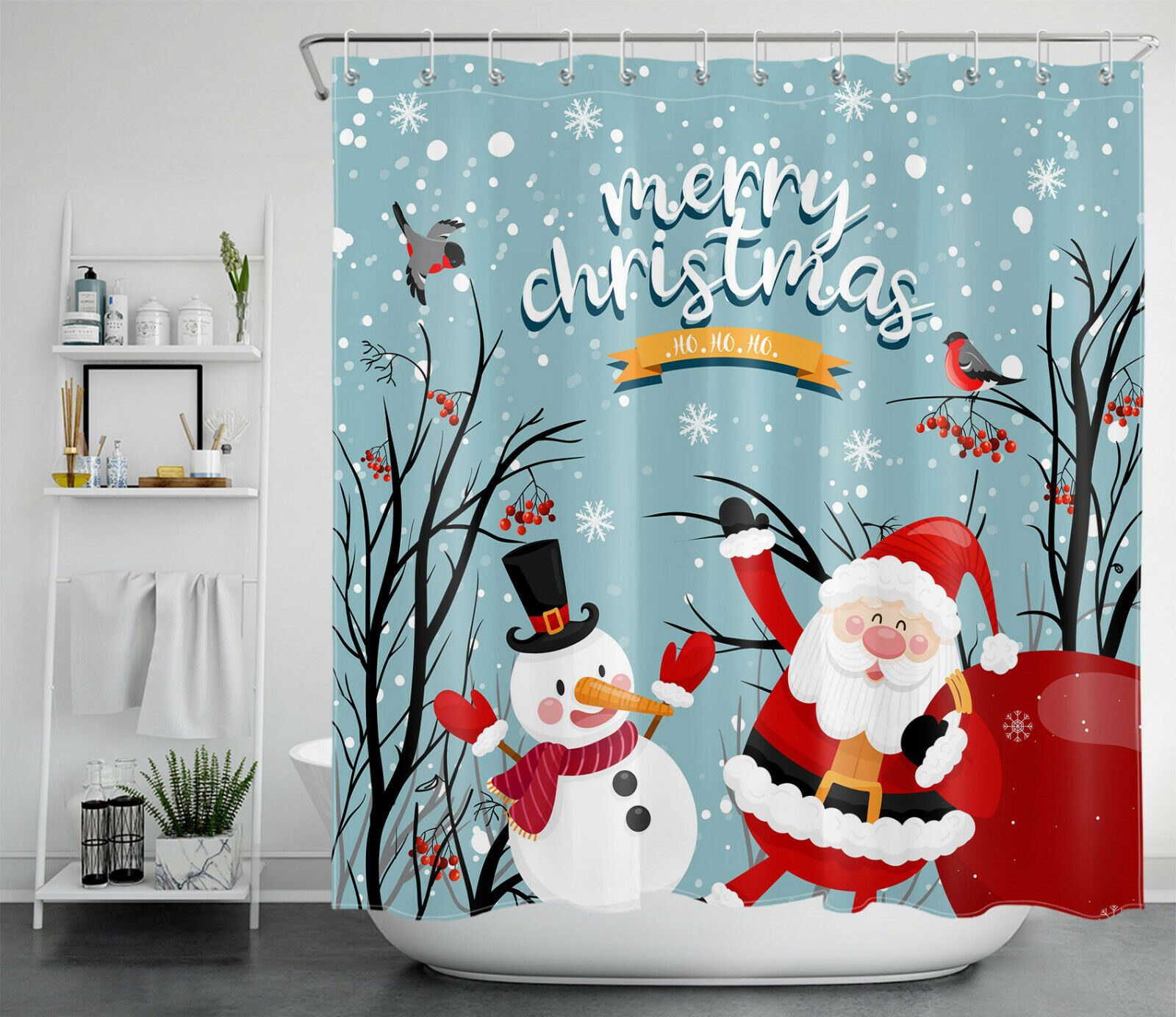 Santa Snowman Winter Holiday Shower Curtain For Bathroom - Image 2