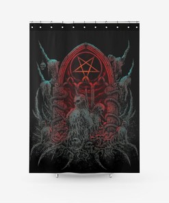 Satanic Flame Pentagram Shrine Texture Shower Curtain with Skeleton Print for a Dark and Mysterious Bathroom