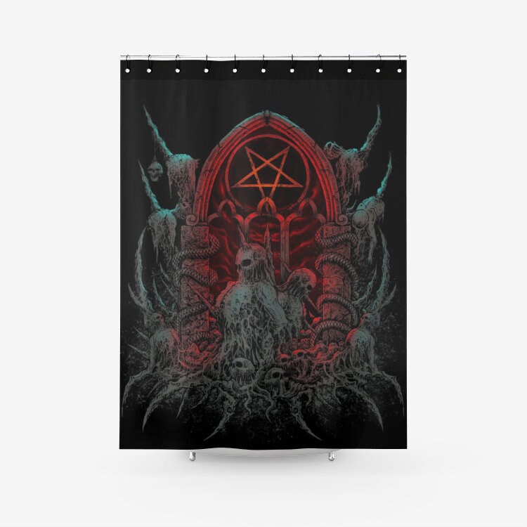 Satanic Flame Pentagram Shrine Texture Shower Curtain with Skeleton Print for a Dark and Mysterious Bathroom