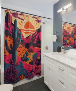 Saturated Sunset Hues Desert Shower Curtain With Mountains And Tribal Symbols For Boho Bathroom Decor