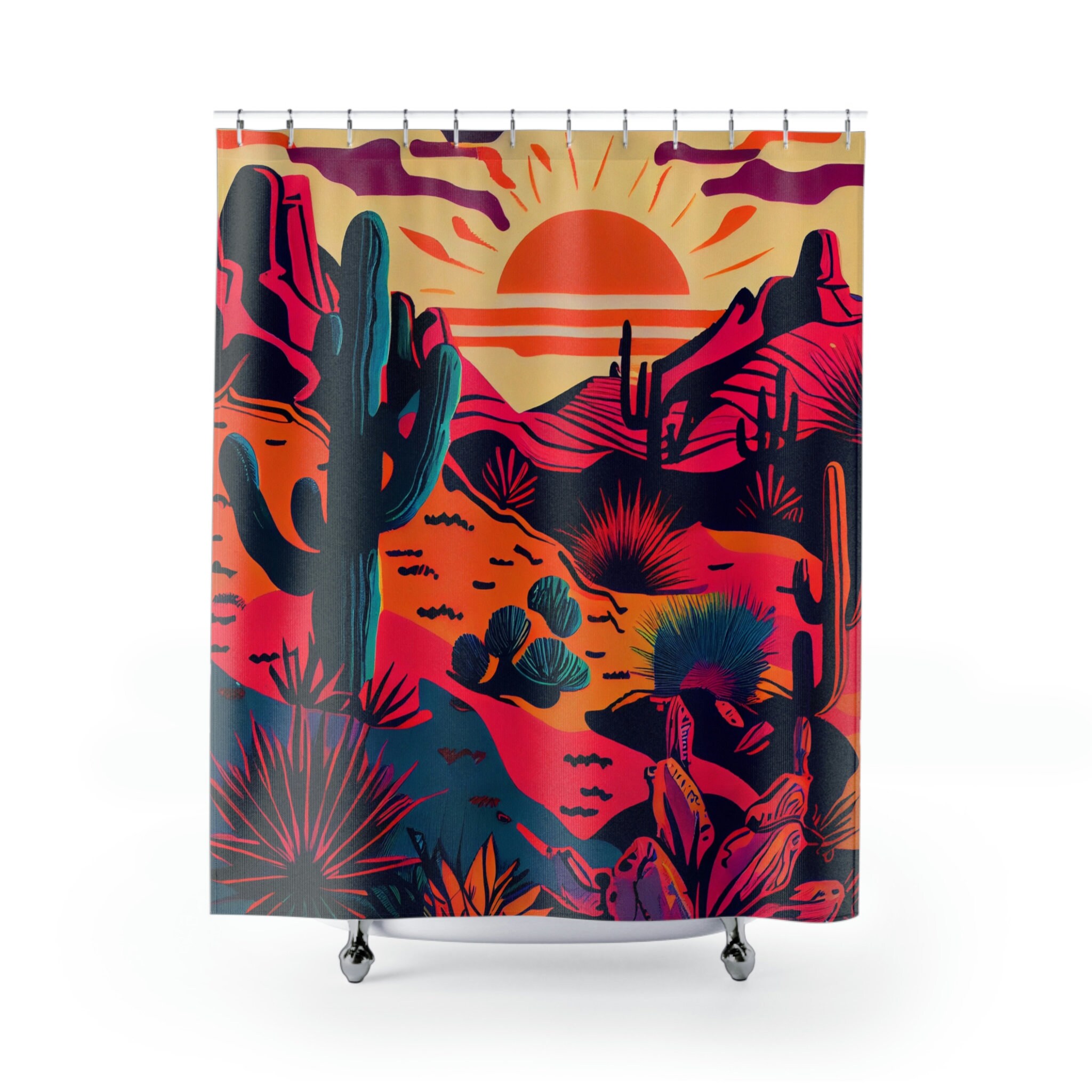Saturated Sunset Hues Desert Shower Curtain With Mountains And Tribal Symbols For Boho Bathroom Decor - Image 2