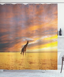 Savannah Sunrise Grassland Giraffe Shower Curtain, Fall Season Picture Bathroom Decor